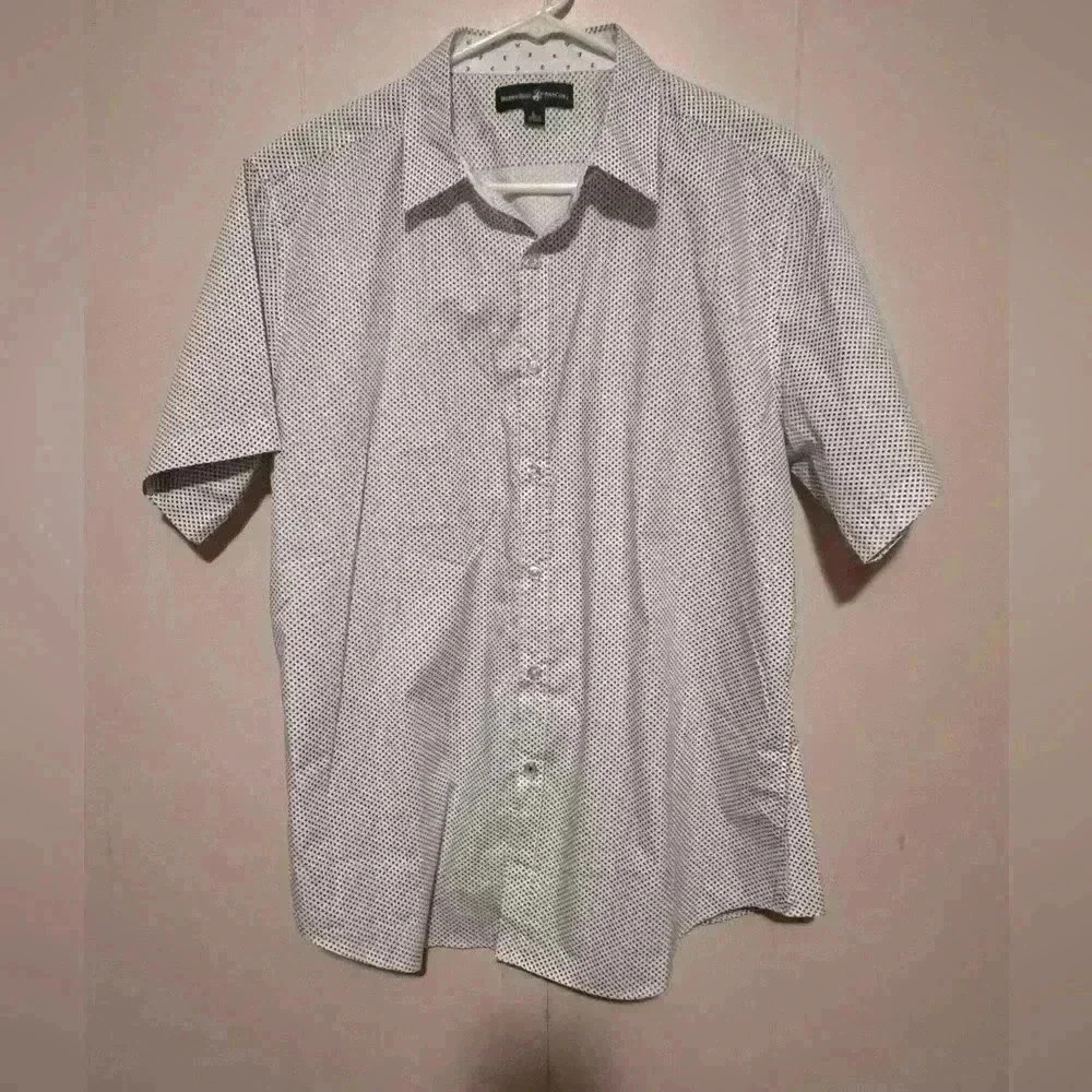 Beverly Hills Polo Club Shirt Men's Sz L White Tiny Navy Flowers Button Up